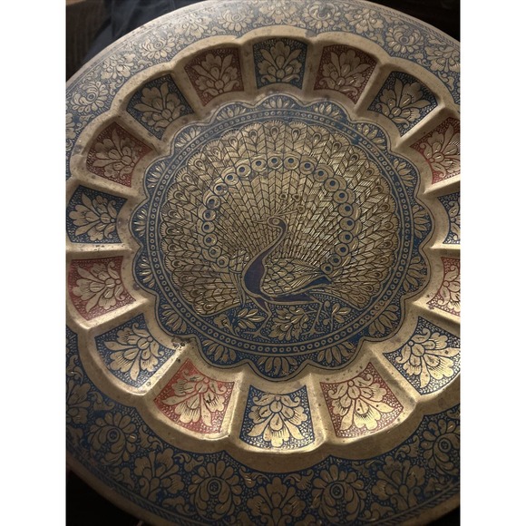 Vintage Brass Peacock Plate Metal Tray Enameled Etched Wall Hanging Decorative - Picture 11 of 11